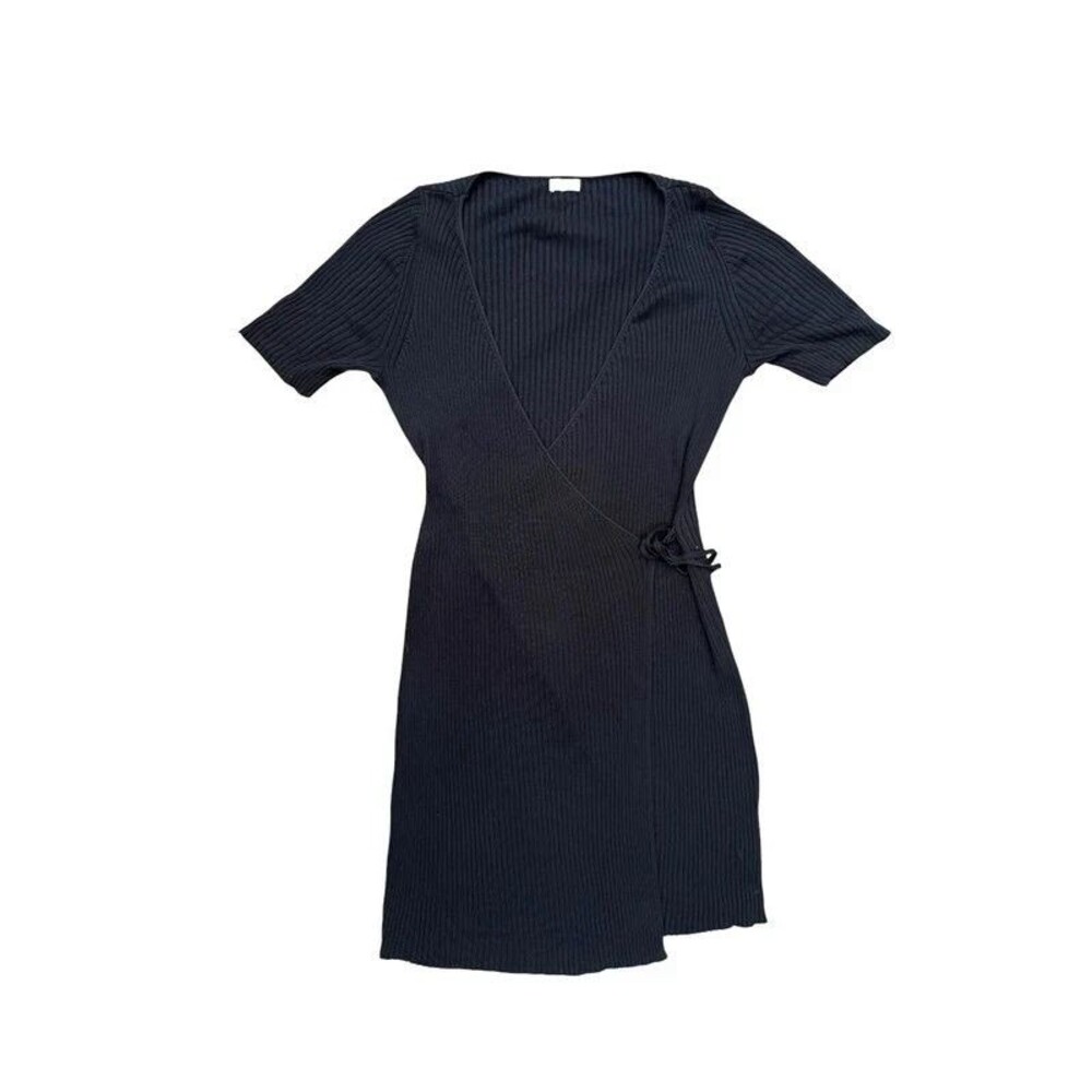 Minimalist Sleek Chic St. Agni Anais Ribbed Knit Wrap Mini Dress - US S